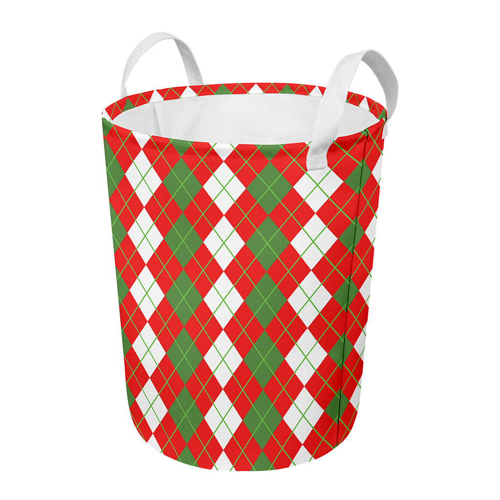 White Green And Red Argyle Pattern Print Round Laundry Basket