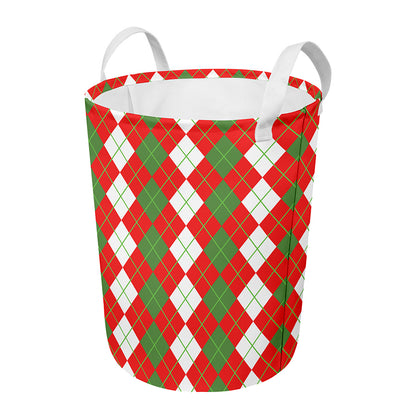 White Green And Red Argyle Pattern Print Round Laundry Basket