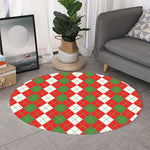 White Green And Red Argyle Pattern Print Round Rug