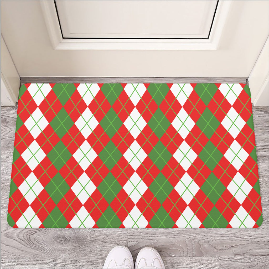 White Green And Red Argyle Pattern Print Rubber Doormat