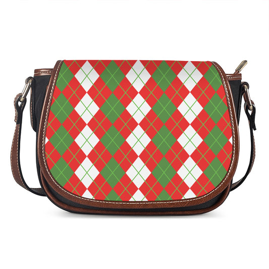 White Green And Red Argyle Pattern Print Saddle Bag
