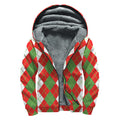 White Green And Red Argyle Pattern Print Sherpa Lined Zip Up Hoodie
