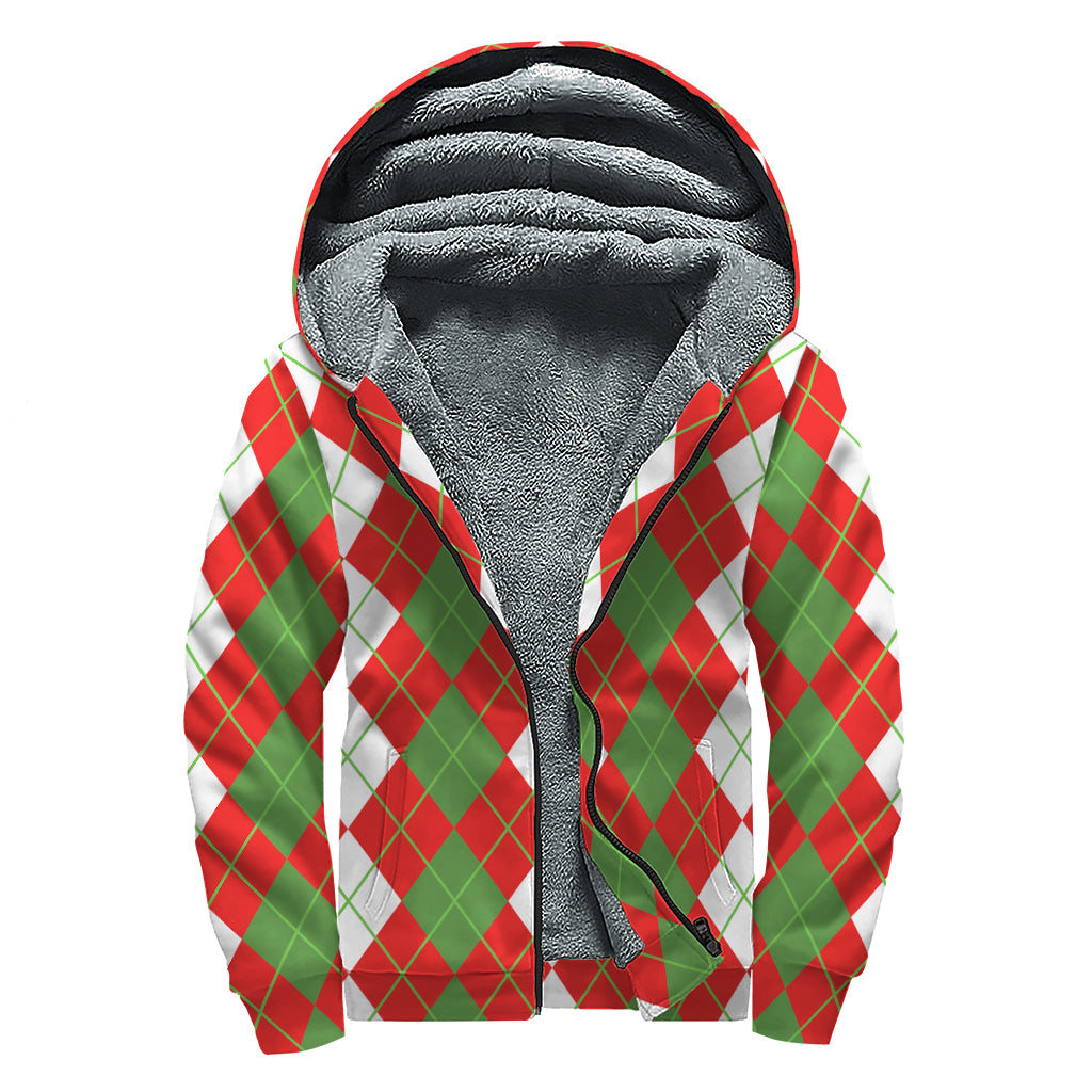White Green And Red Argyle Pattern Print Sherpa Lined Zip Up Hoodie