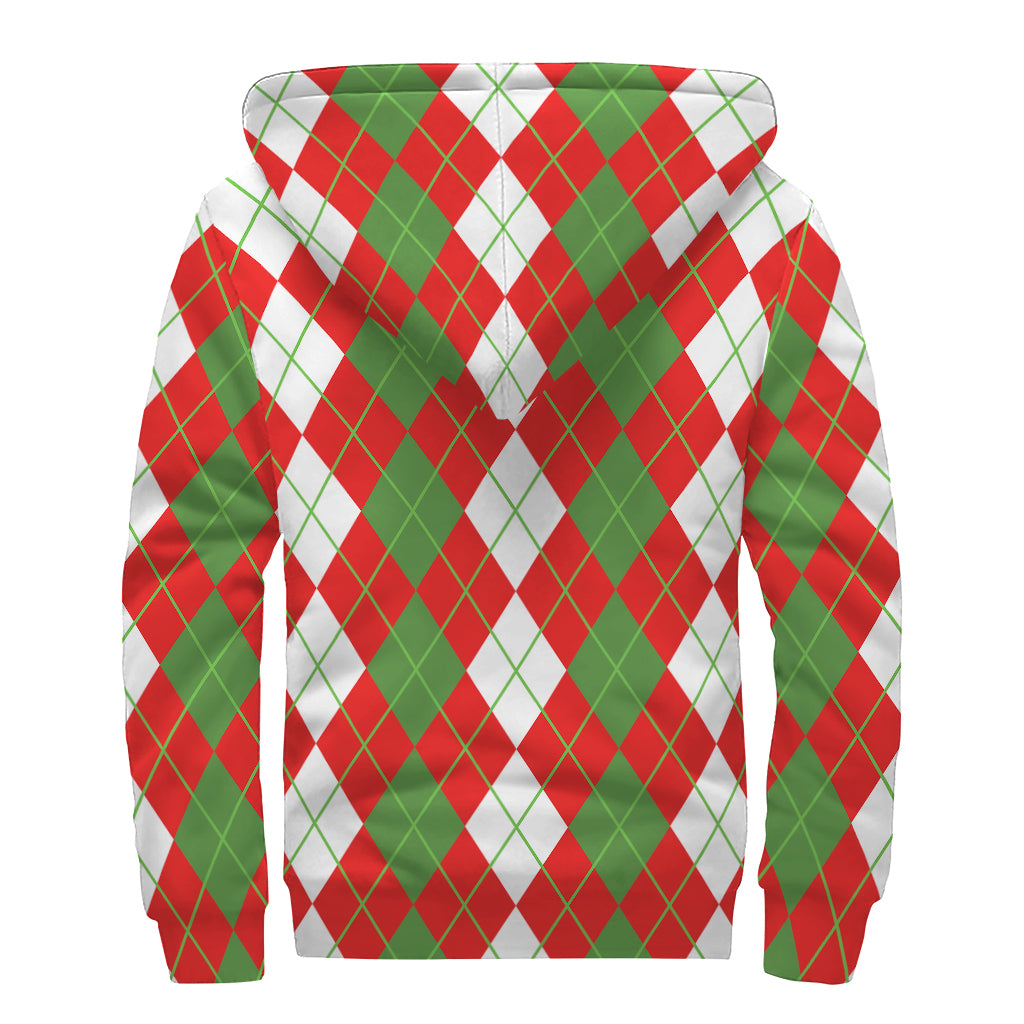 White Green And Red Argyle Pattern Print Sherpa Lined Zip Up Hoodie