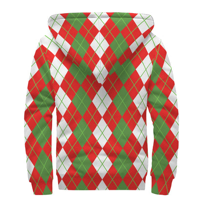 White Green And Red Argyle Pattern Print Sherpa Lined Zip Up Hoodie