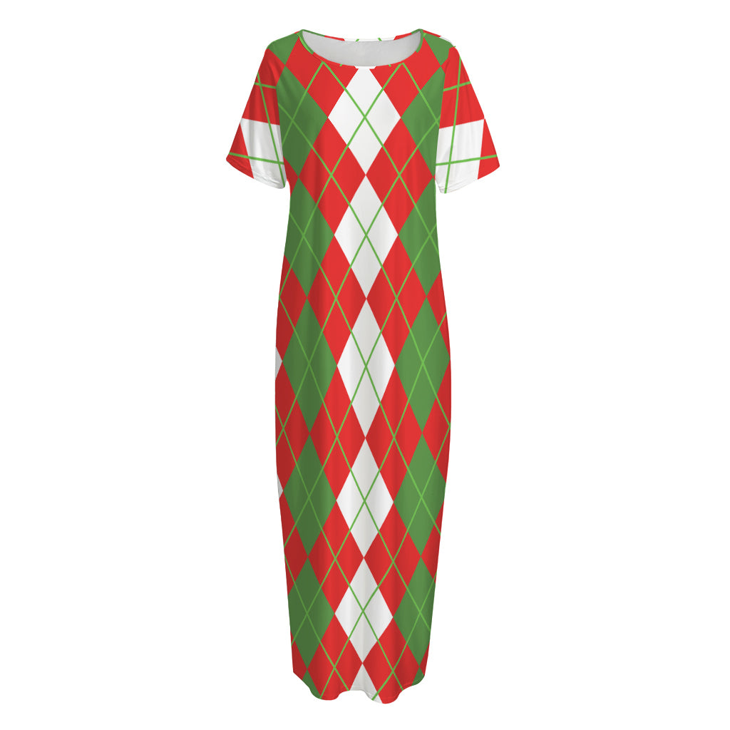 White Green And Red Argyle Pattern Print Short Sleeve Long Nightdress