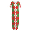 White Green And Red Argyle Pattern Print Short Sleeve Long Nightdress