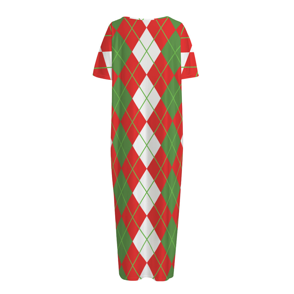 White Green And Red Argyle Pattern Print Short Sleeve Long Nightdress