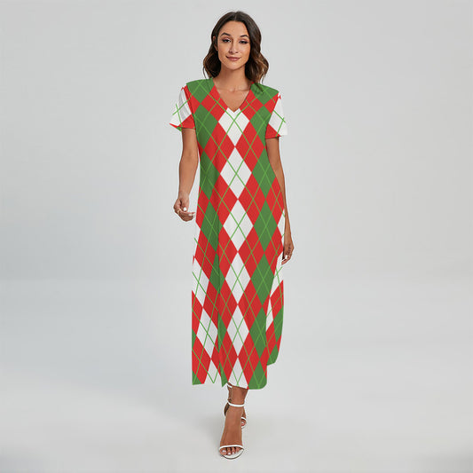 White Green And Red Argyle Pattern Print Short Sleeve Maxi Dress