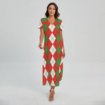 White Green And Red Argyle Pattern Print Short Sleeve Maxi Dress