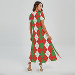 White Green And Red Argyle Pattern Print Short Sleeve Maxi Dress