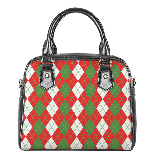 White Green And Red Argyle Pattern Print Shoulder Handbag