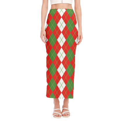 White Green And Red Argyle Pattern Print Side Slit Maxi Skirt