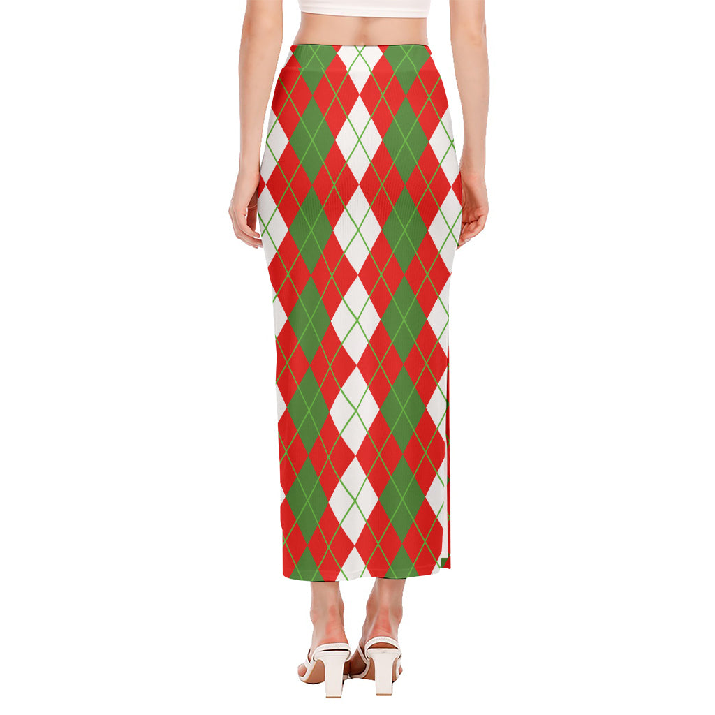 White Green And Red Argyle Pattern Print Side Slit Maxi Skirt