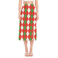 White Green And Red Argyle Pattern Print Side Slit Midi Skirt