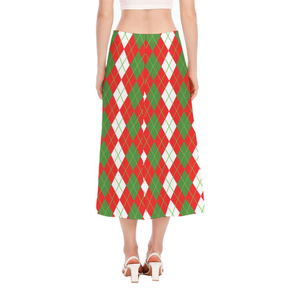 White Green And Red Argyle Pattern Print Side Slit Midi Skirt