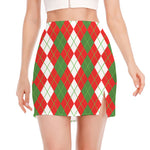White Green And Red Argyle Pattern Print Side Slit Mini Skirt