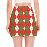 White Green And Red Argyle Pattern Print Side Slit Mini Skirt