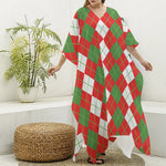 White Green And Red Argyle Pattern Print Silk V-Neck Kaftan Dress