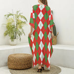 White Green And Red Argyle Pattern Print Silk V-Neck Kaftan Dress