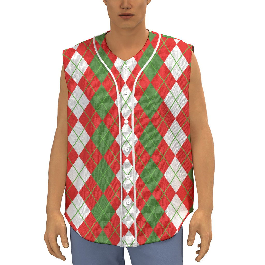 White Green And Red Argyle Pattern Print Sleeveless Baseball Jersey