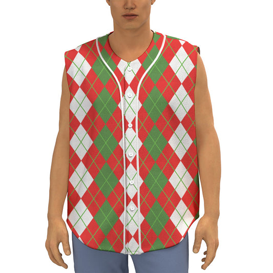 White Green And Red Argyle Pattern Print Sleeveless Baseball Jersey