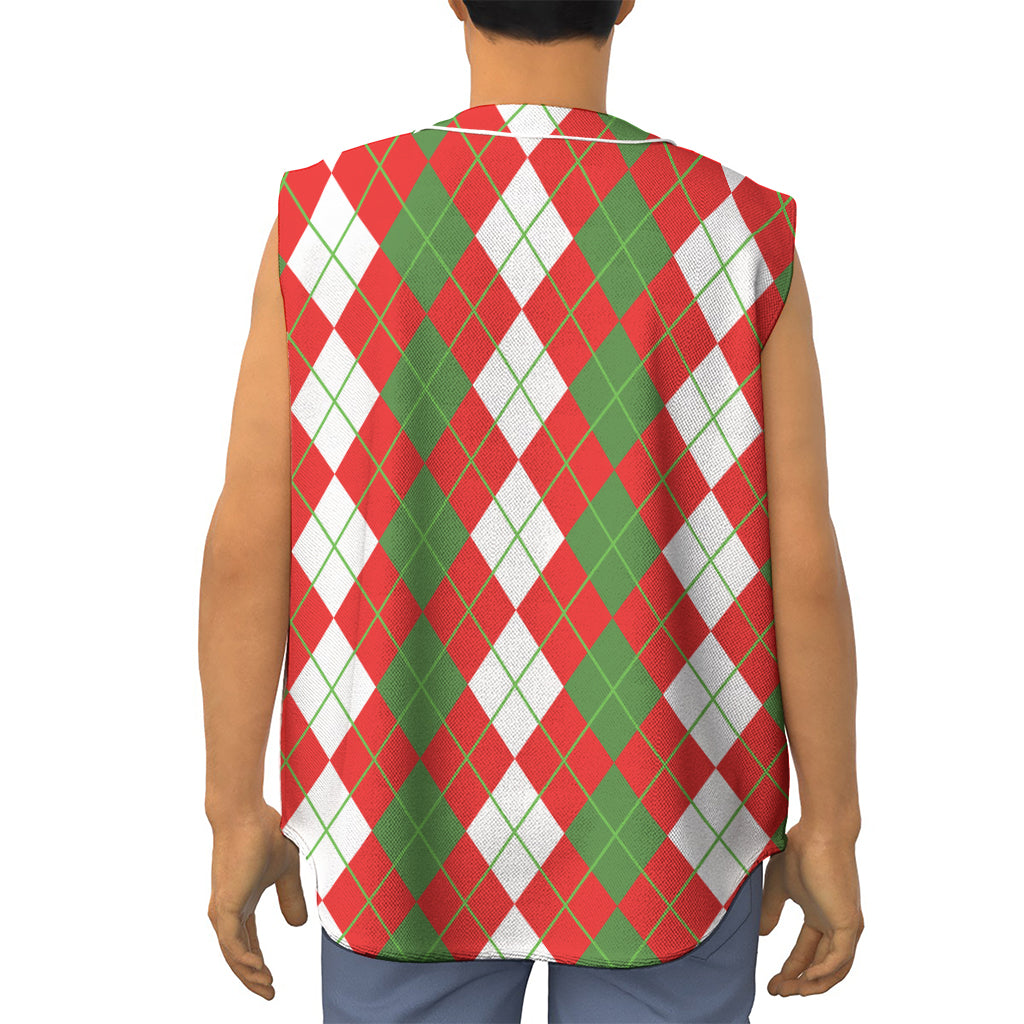 White Green And Red Argyle Pattern Print Sleeveless Baseball Jersey