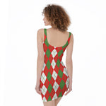 White Green And Red Argyle Pattern Print Sleeveless Bodycon Dress