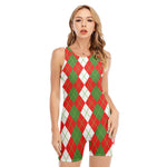 White Green And Red Argyle Pattern Print Sleeveless One Piece Swimsuit