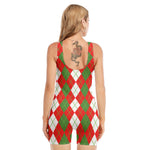 White Green And Red Argyle Pattern Print Sleeveless One Piece Swimsuit
