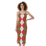 White Green And Red Argyle Pattern Print Slim Fit Midi Cami Dress
