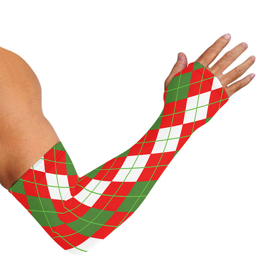 White Green And Red Argyle Pattern Print Sun Protection Arm Sleeves