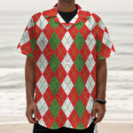White Green And Red Argyle Pattern Print Textured Short Sleeve Shirt