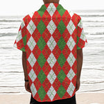 White Green And Red Argyle Pattern Print Textured Short Sleeve Shirt