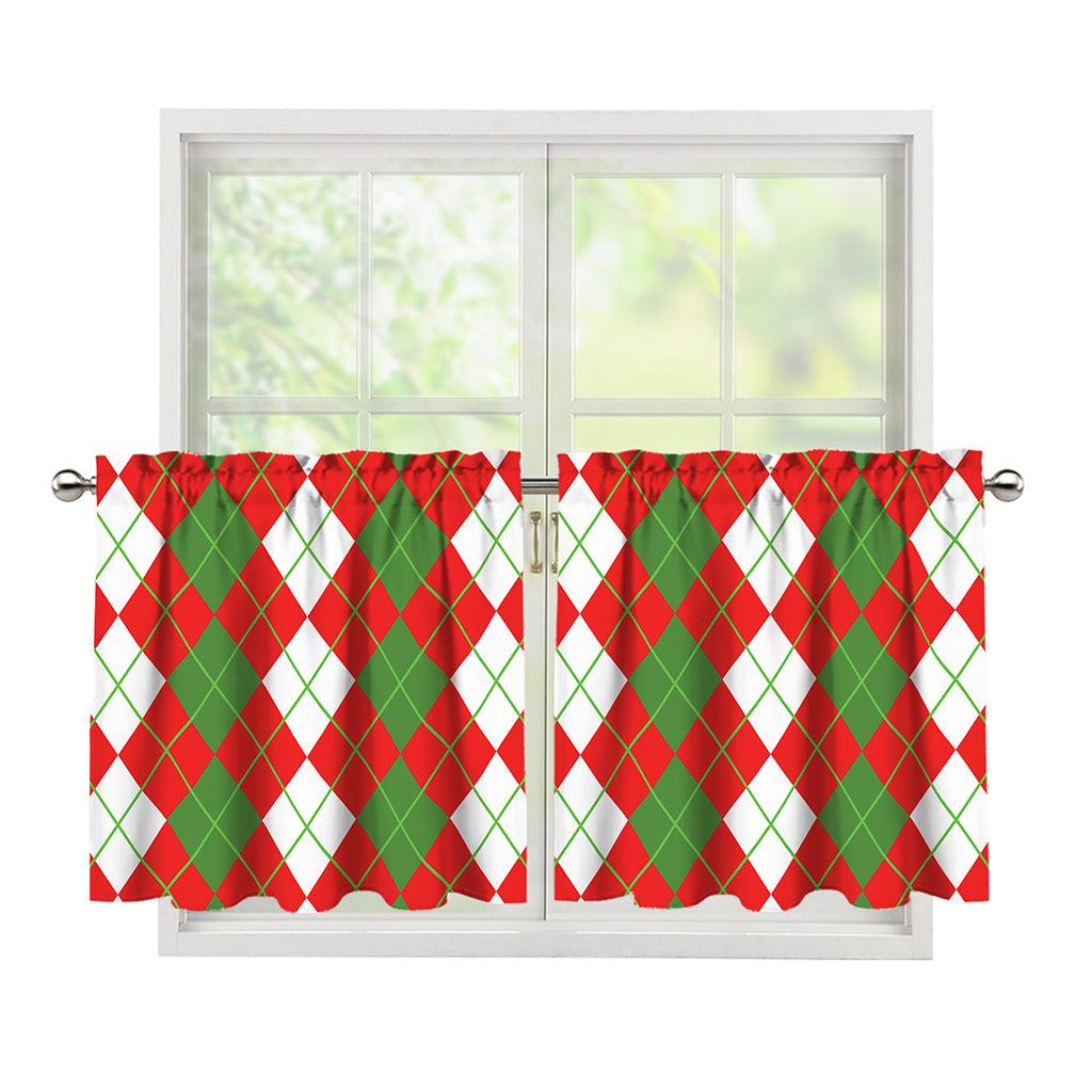 White Green And Red Argyle Pattern Print Tier Curtains