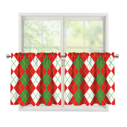 White Green And Red Argyle Pattern Print Tier Curtains