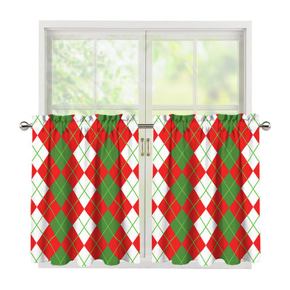 White Green And Red Argyle Pattern Print Tier Curtains