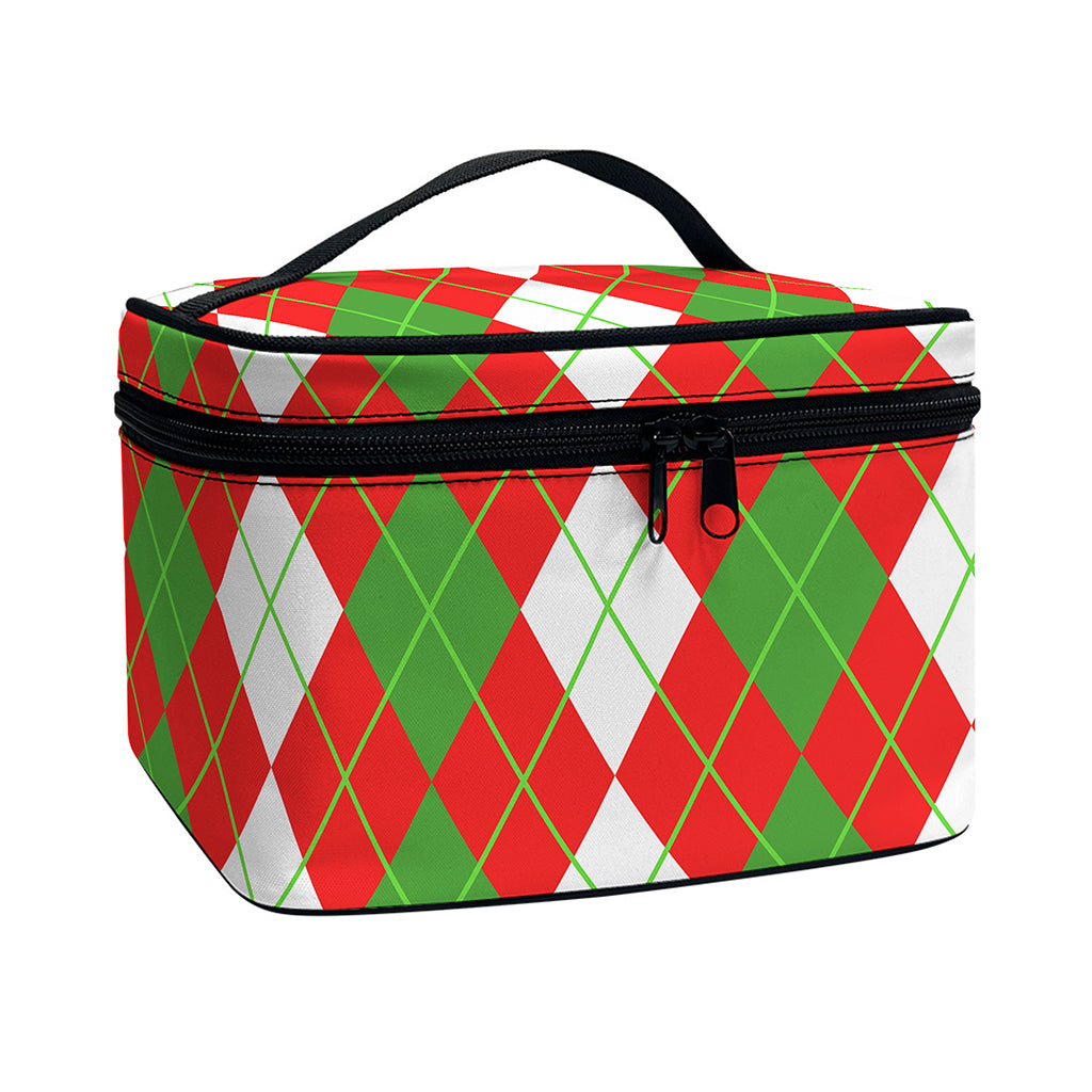White Green And Red Argyle Pattern Print Travel Makeup Bag