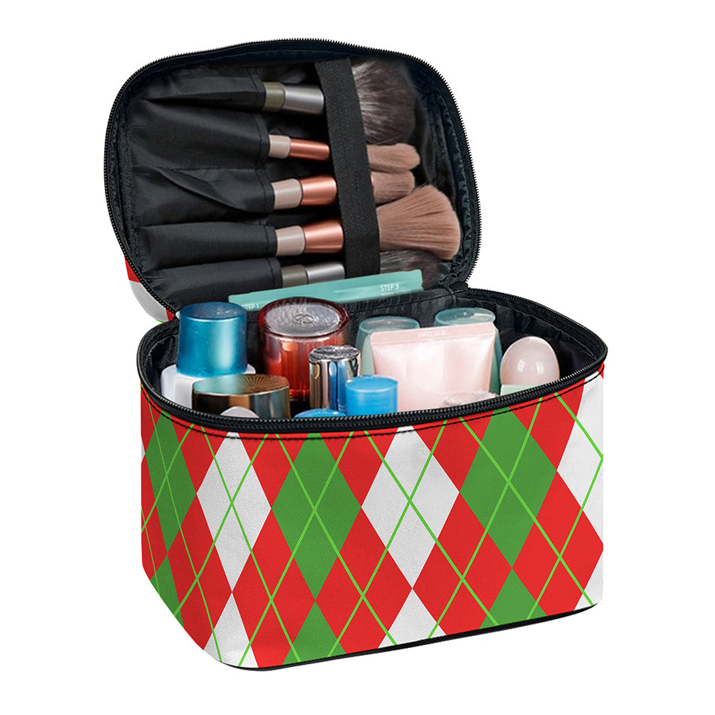 White Green And Red Argyle Pattern Print Travel Makeup Bag