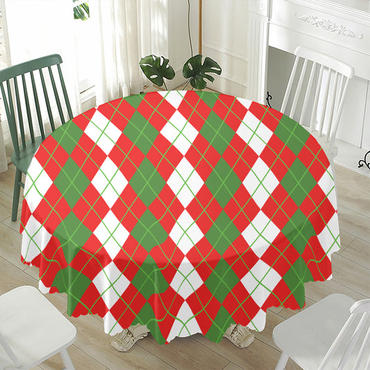 White Green And Red Argyle Pattern Print Waterproof Round Tablecloth