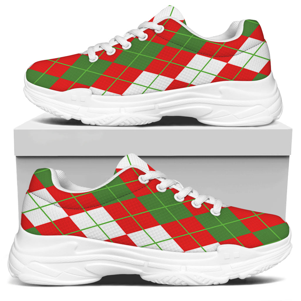 White Green And Red Argyle Pattern Print White Chunky Shoes