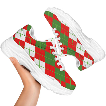 White Green And Red Argyle Pattern Print White Chunky Shoes