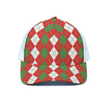 White Green And Red Argyle Pattern Print White Mesh Trucker Cap