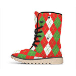 White Green And Red Argyle Pattern Print Winter Boots