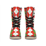 White Green And Red Argyle Pattern Print Winter Boots