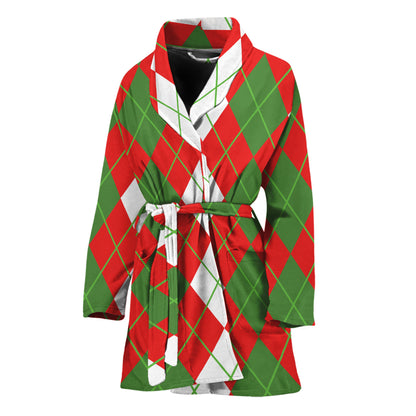 White Green And Red Argyle Pattern Print Women's Bathrobe