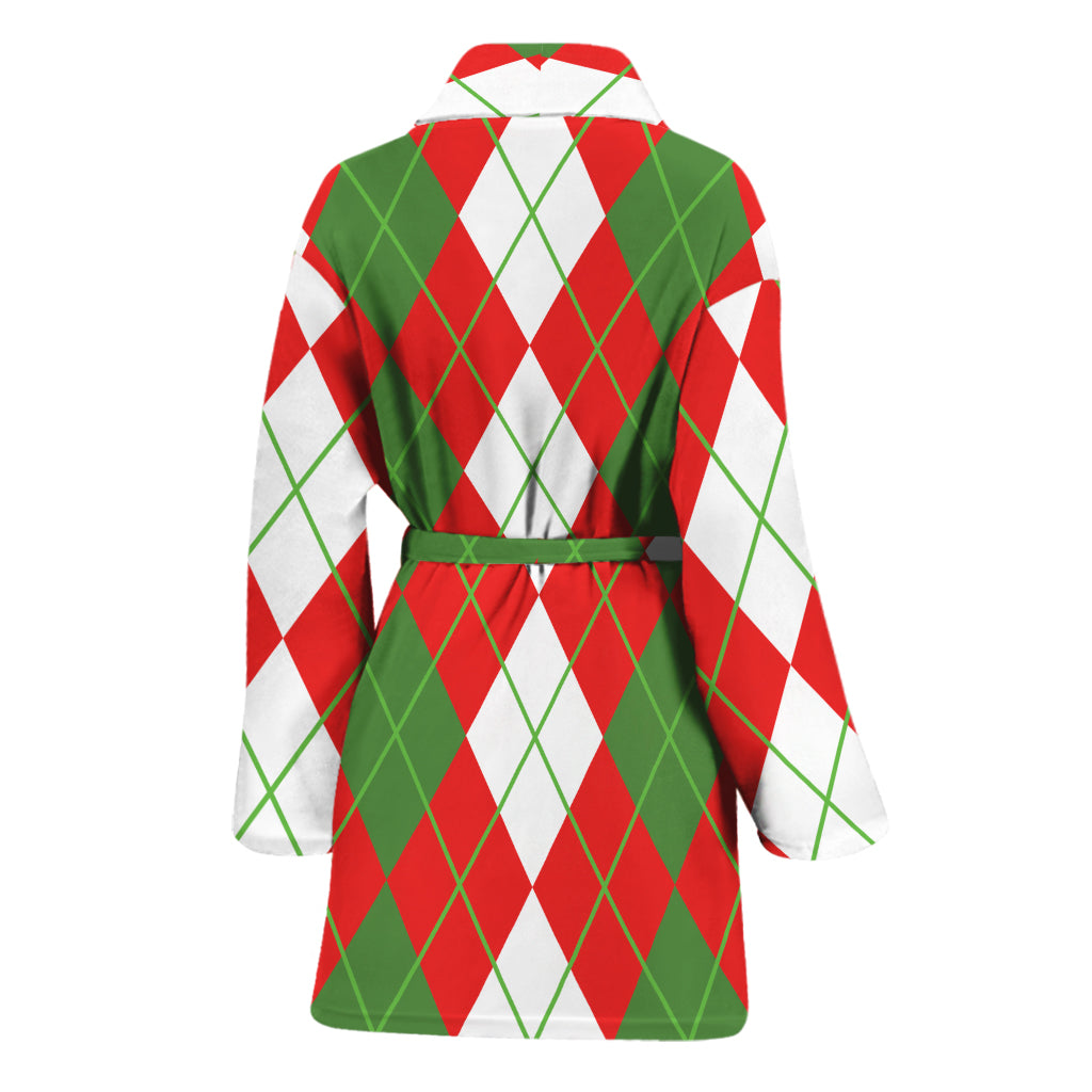 White Green And Red Argyle Pattern Print Women's Bathrobe