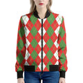 White Green And Red Argyle Pattern Print Women's Bomber Jacket