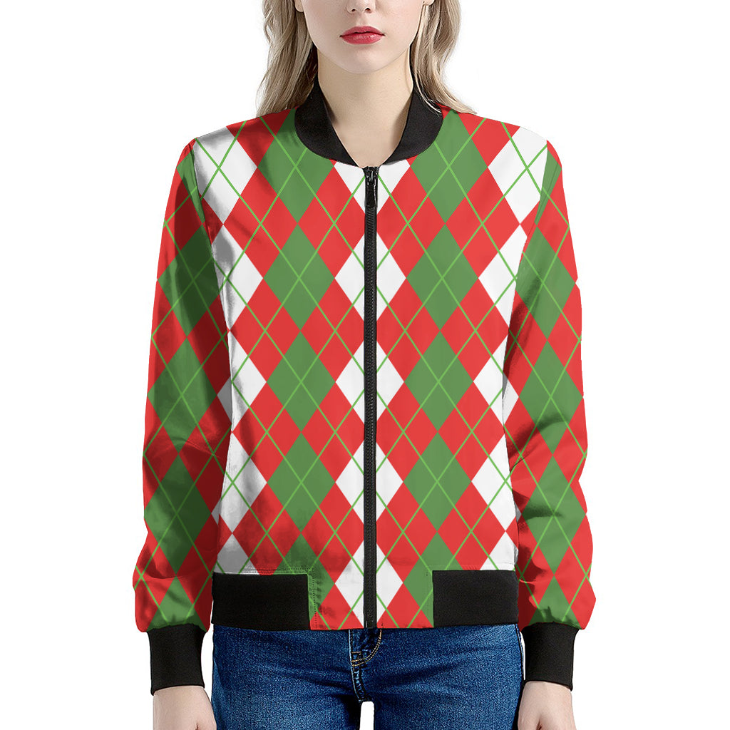 White Green And Red Argyle Pattern Print Women's Bomber Jacket