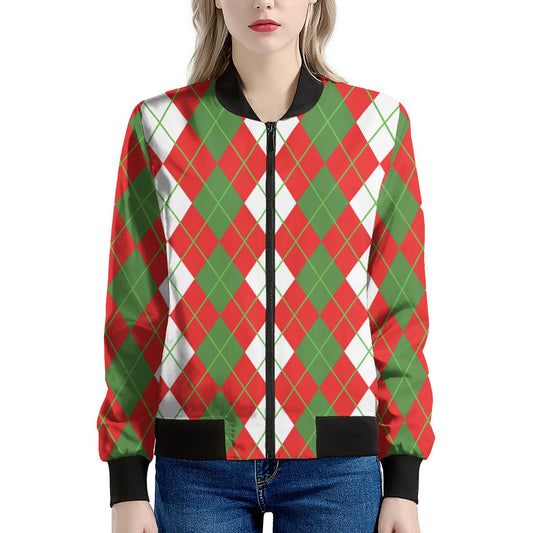 White Green And Red Argyle Pattern Print Women's Bomber Jacket